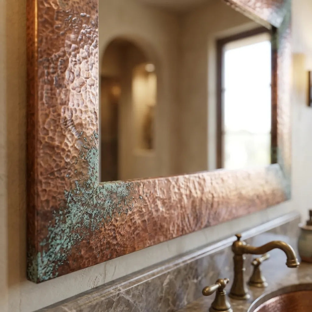 Hammered Copper Wall Mirror – Rustic Patina Vanity Frame