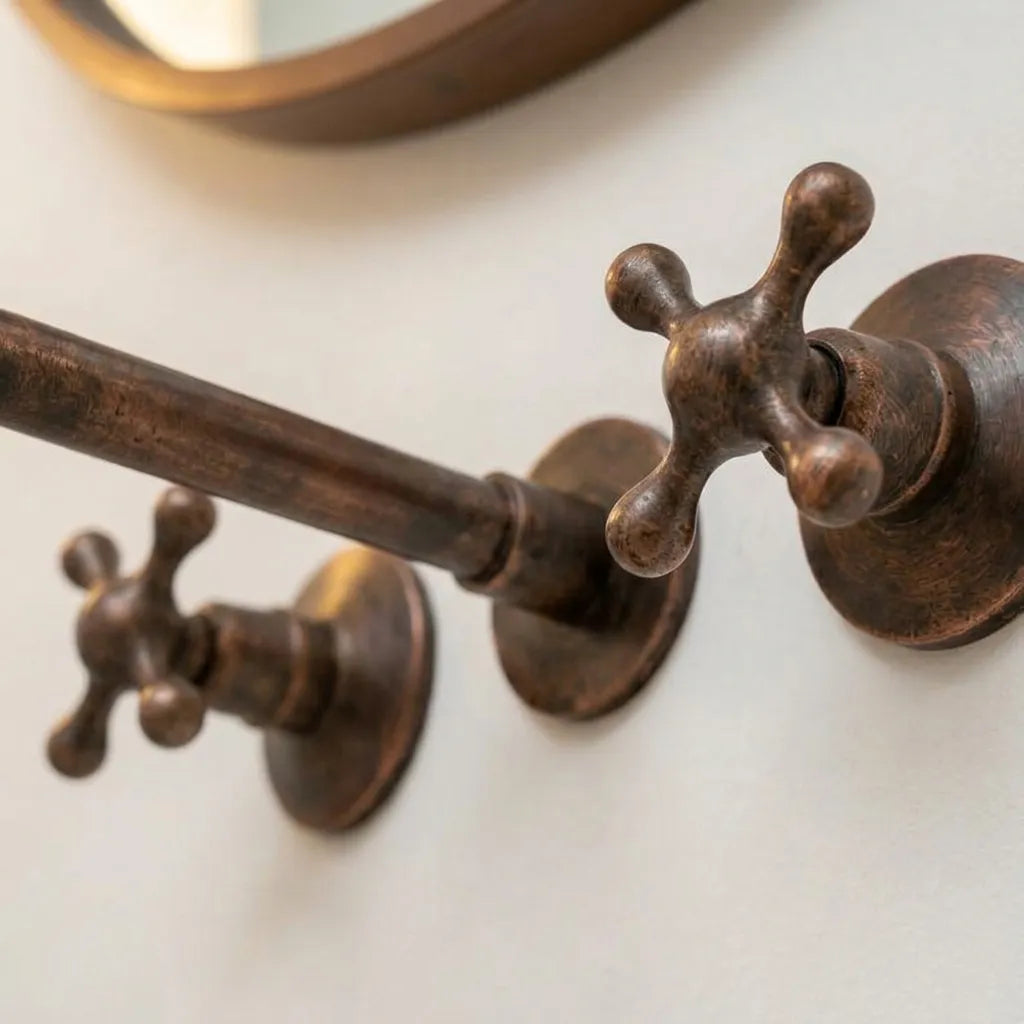 Aged Copper Wall Faucet with Vintage Cross Handles