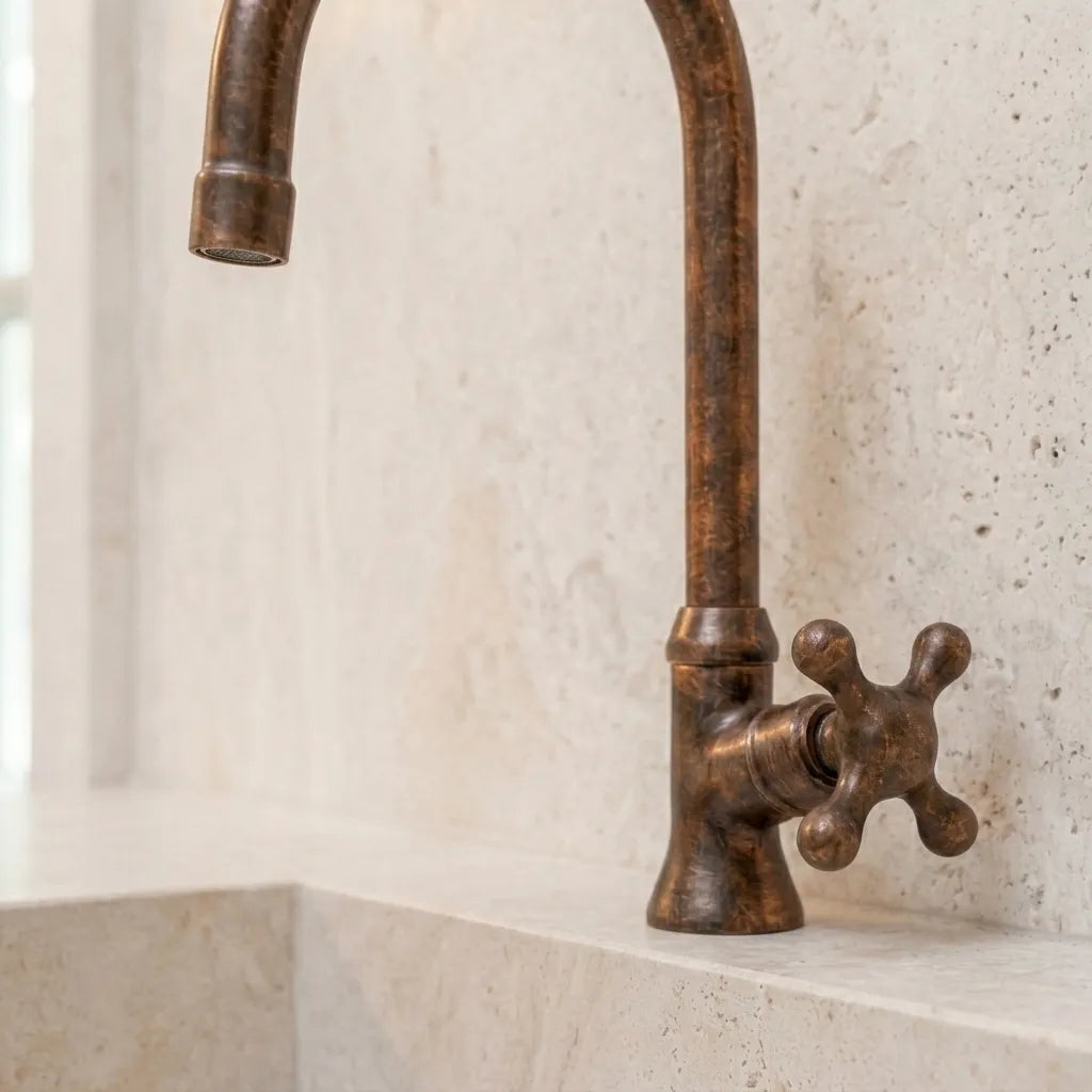 Handmade Aged Copper Single Hole Bathroom Faucet with Cross Handle