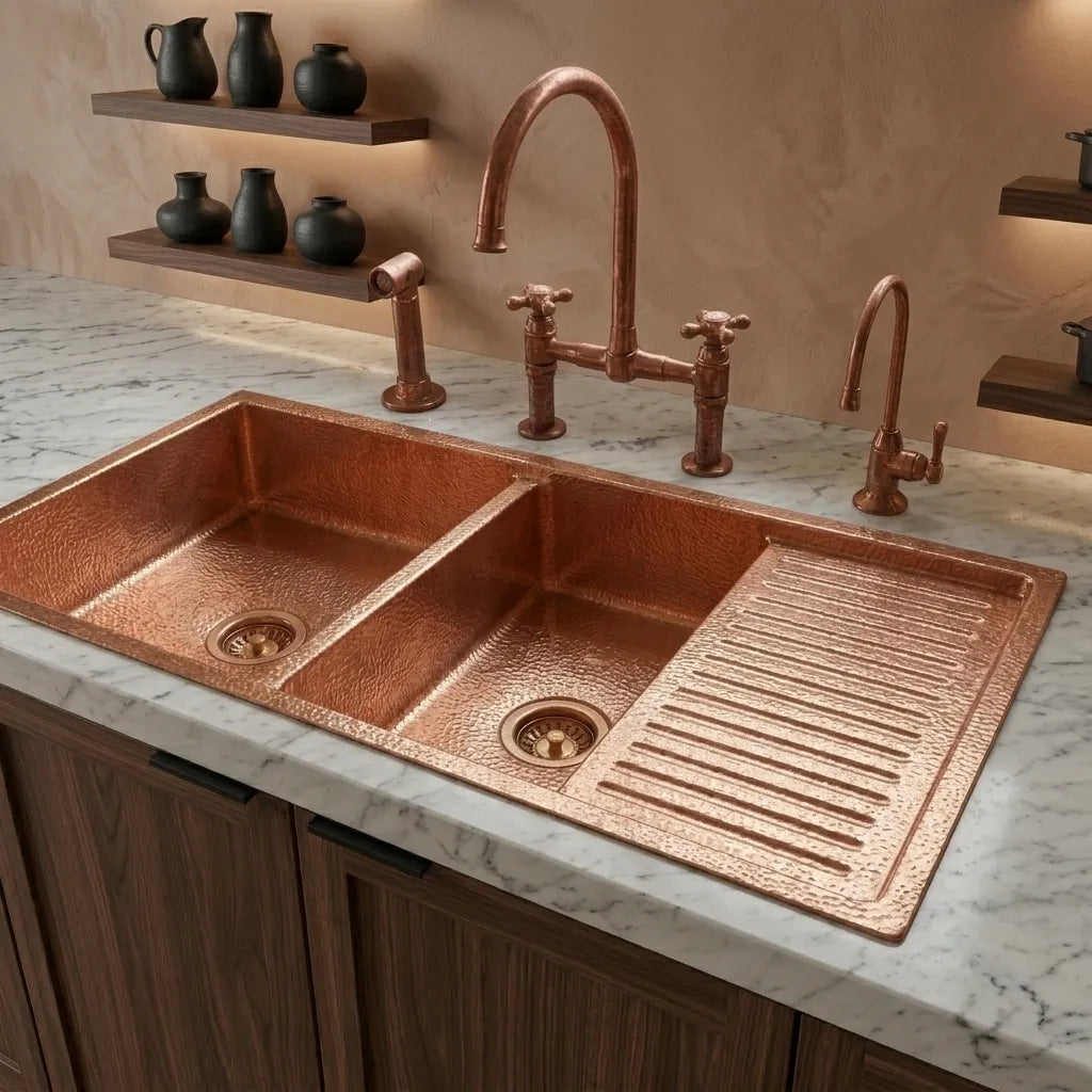Hammered Copper Double Bowl Kitchen Sink with Built-In Drainboard