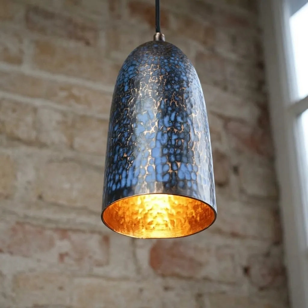 Handmade Blue Patina Copper Pendant Light – Rustic Hammered Ceiling Lamp
