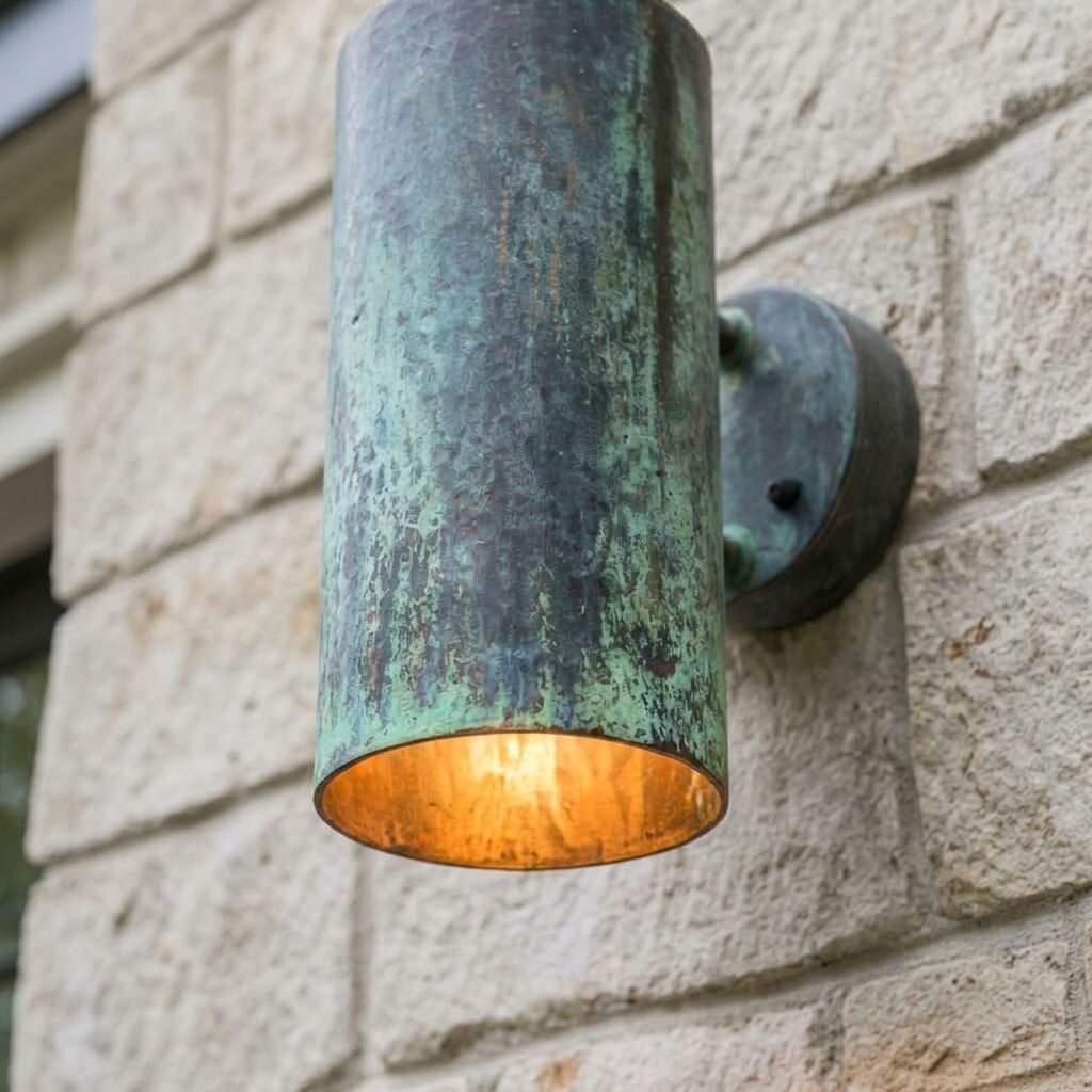 Handcrafted Verdigris Copper Outdoor Wall Sconce – Rustic Cylinder Light