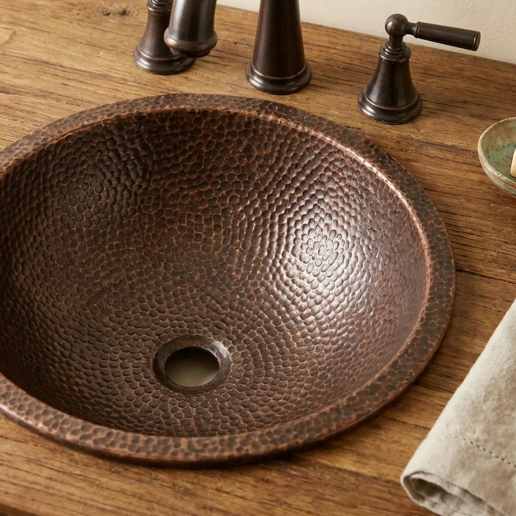 Hammered Copper Bathroom Sink Round Undermount Rustic Vanity Basin