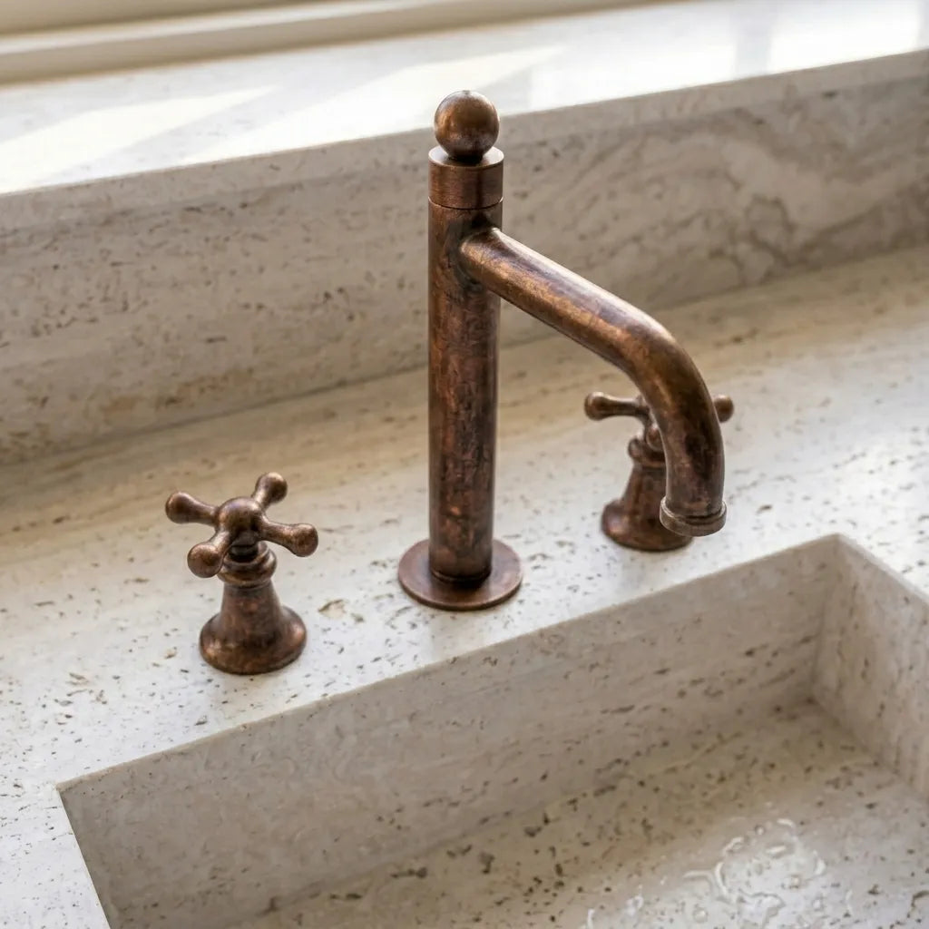 Vintage Copper 3-Hole Basin Faucet with Cross Handles