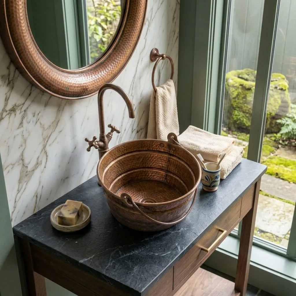 Handmade Hammered Copper Bucket Vessel Sink with Handles