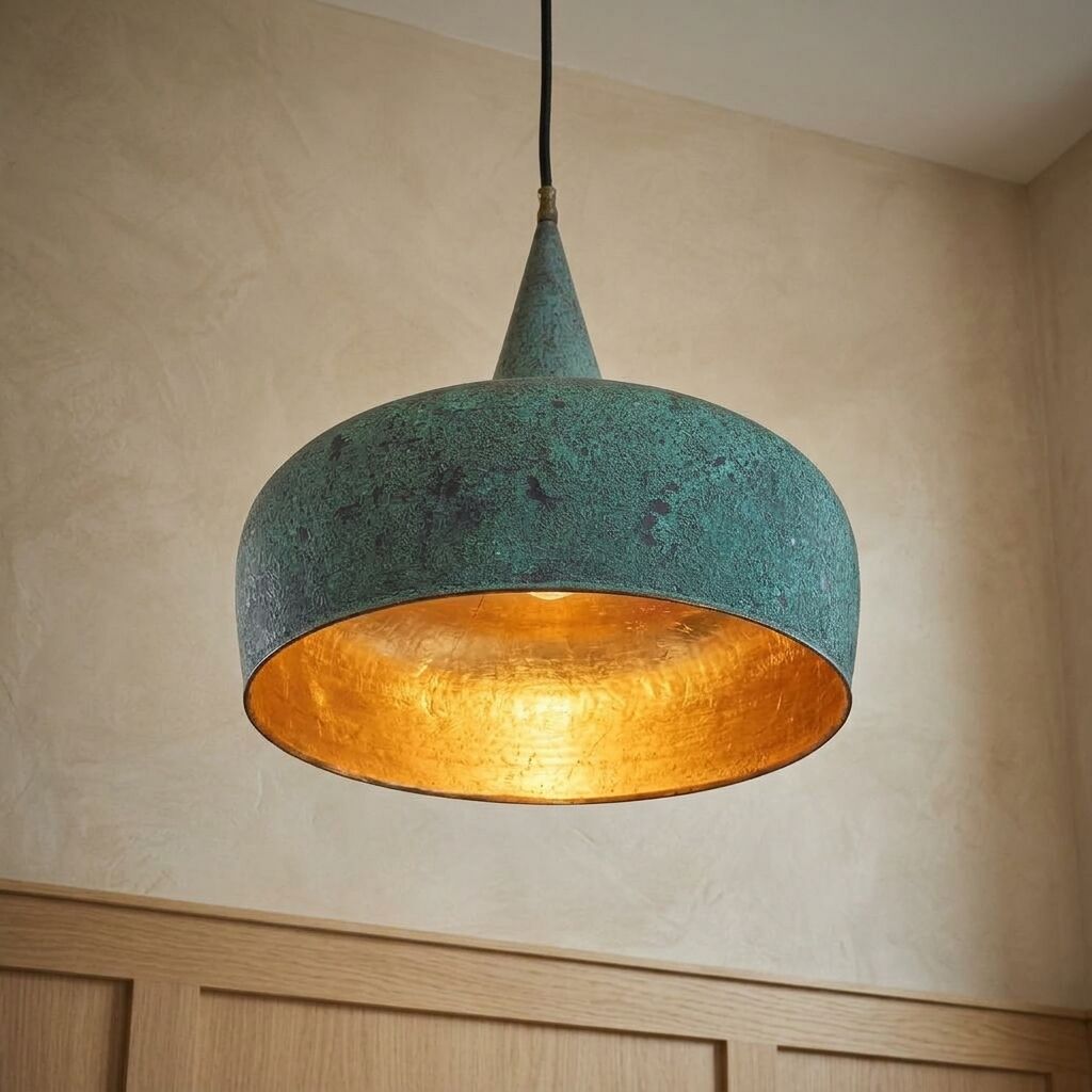 Handmade Verdigris Copper Pendant Light – Oxidized Dome Ceiling Lamp