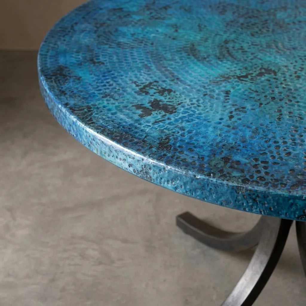 Blue Oxidized Copper Round Table with Curved Copper Base