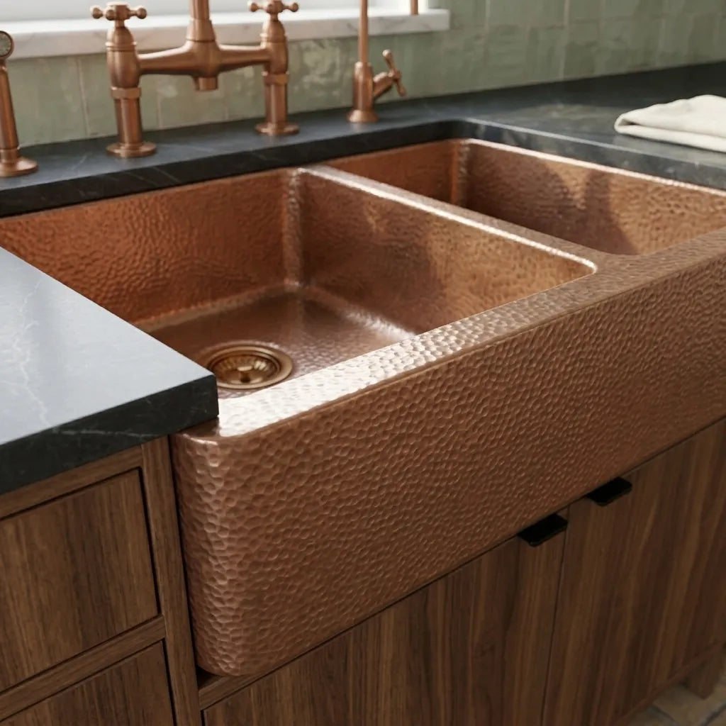 Artisan Copper Farmhouse Kitchen Sink with Double Basin