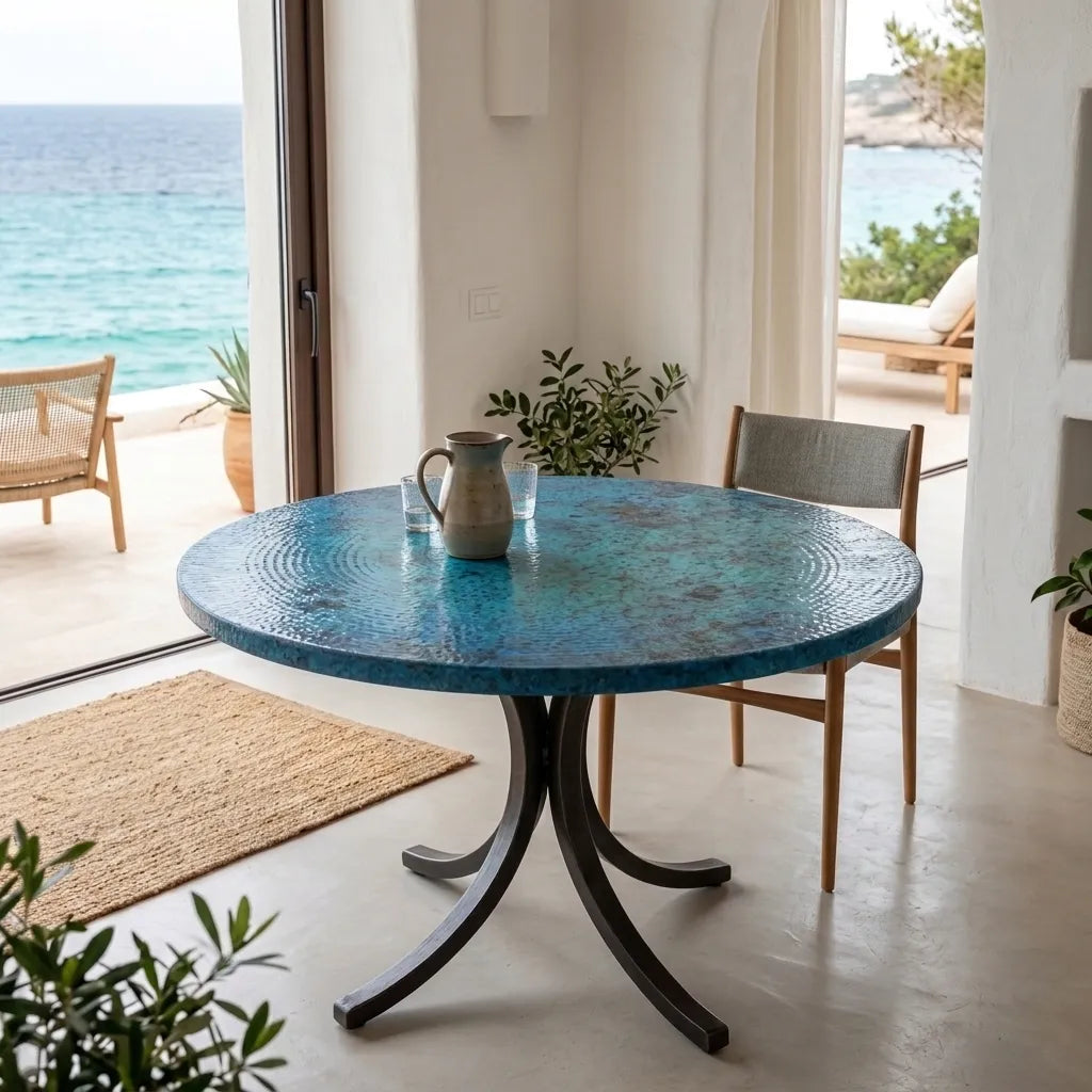 Blue Oxidized Copper Round Table with Curved Copper Base