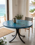 Blue Oxidized Copper Round Table with Curved Copper Base