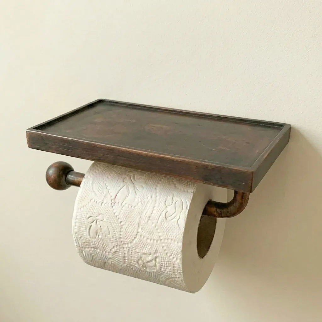 Vintage Copper Toilet Paper Holder with Phone Shelf