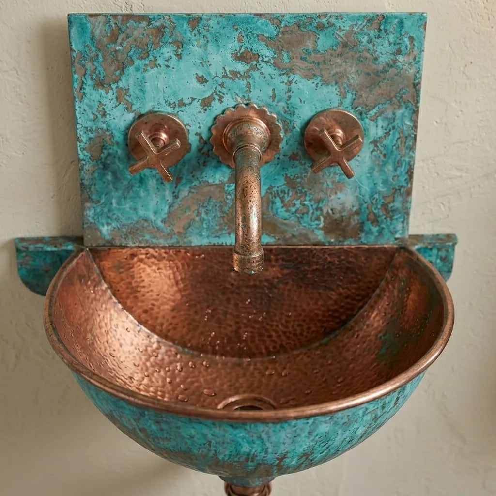 Verdigris Copper Wall Mount Sink with Rustic Faucet