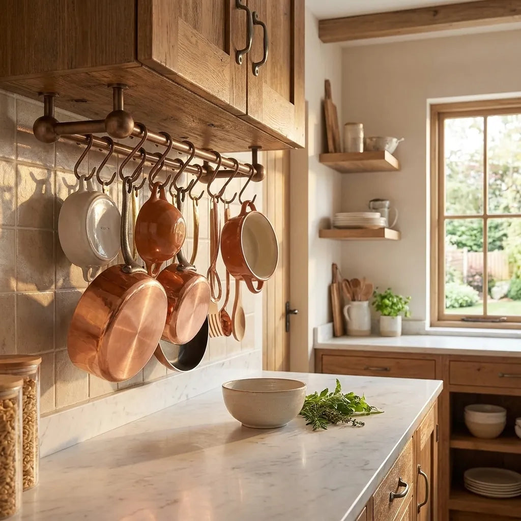 Aged Copper Under Cabinet Pot Rail with S Hooks
