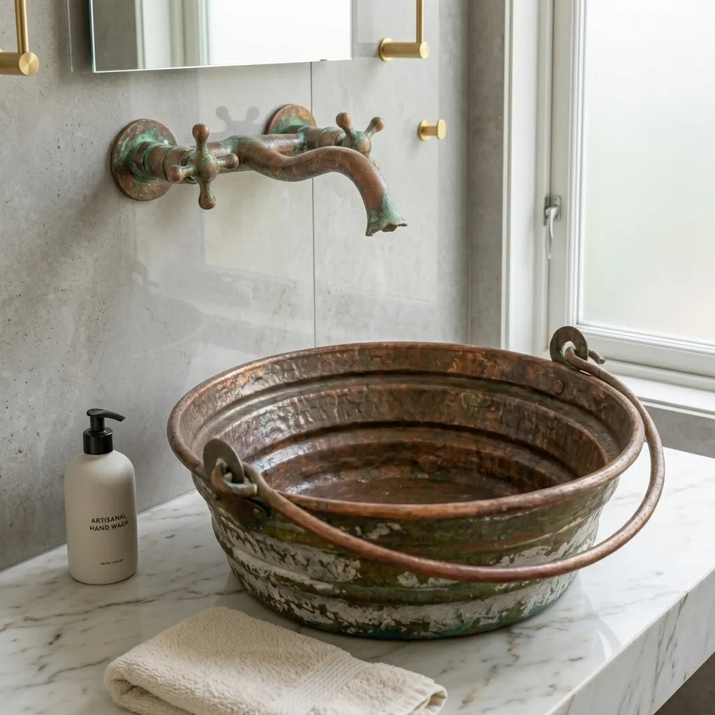 Rustic Green Patina Copper Vessel Sink with Handles