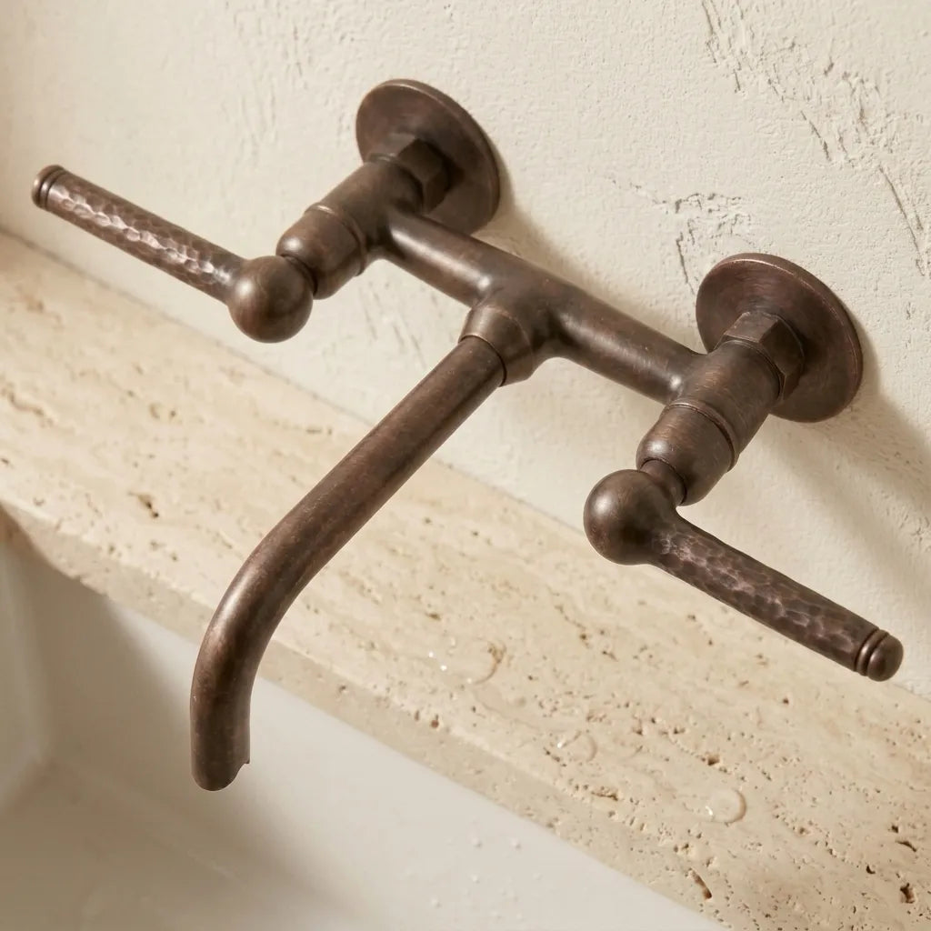 Aged Copper Wall Mounted Bathroom Faucet – Hammered Handles