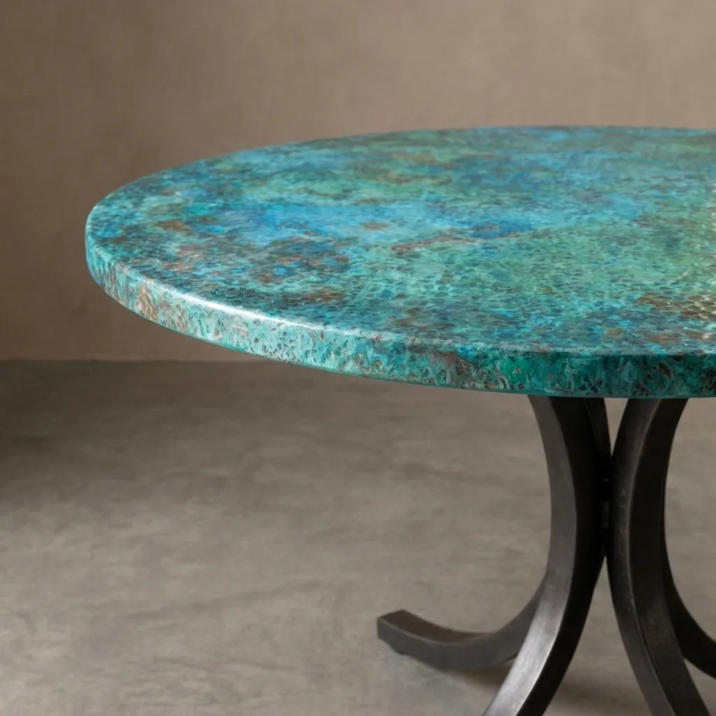 Verdigris Copper Coffee Table with Curved Artisan Base