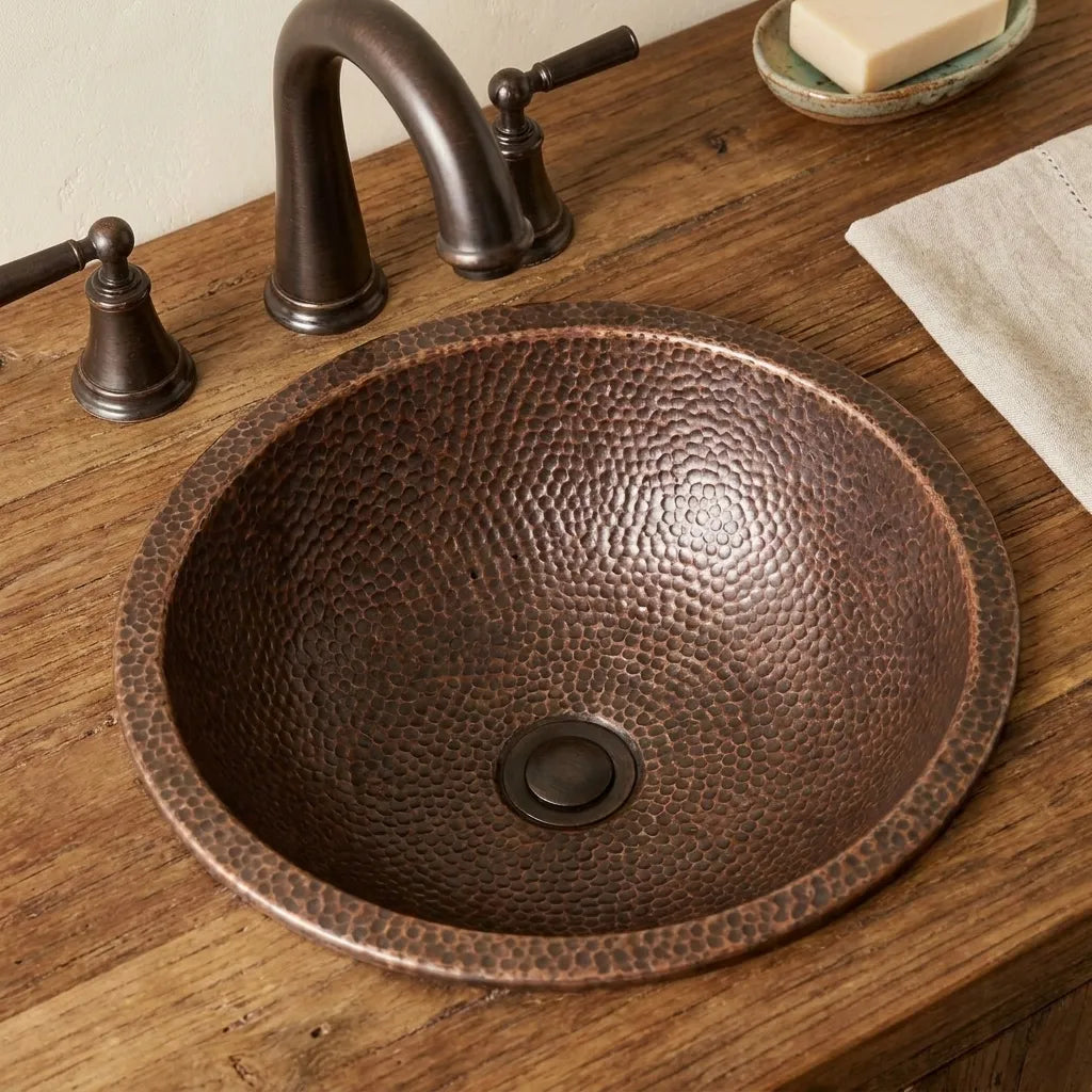 Hammered Copper Bathroom Sink Round Undermount Rustic Vanity Basin
