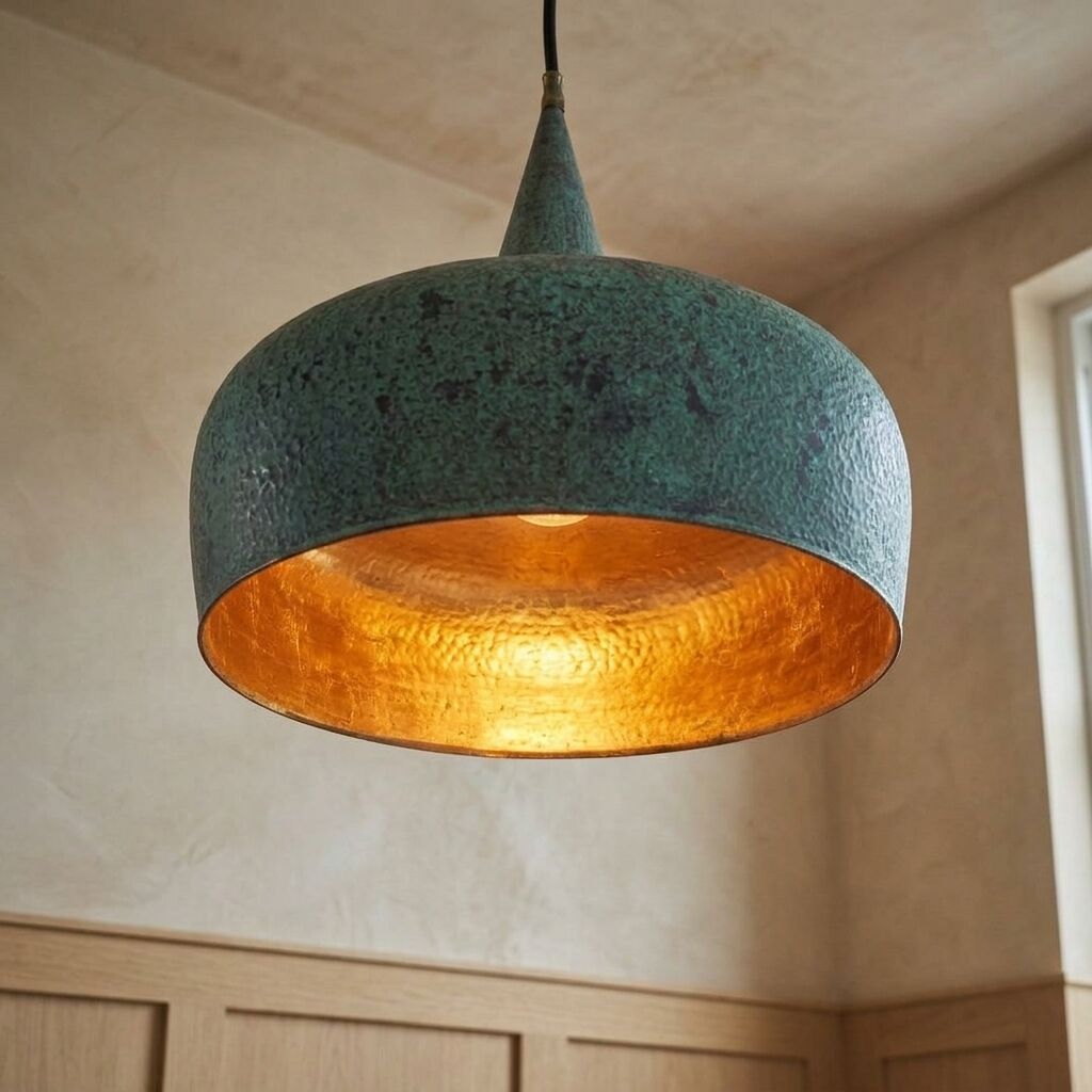 Handmade Verdigris Copper Pendant Light – Oxidized Dome Ceiling Lamp