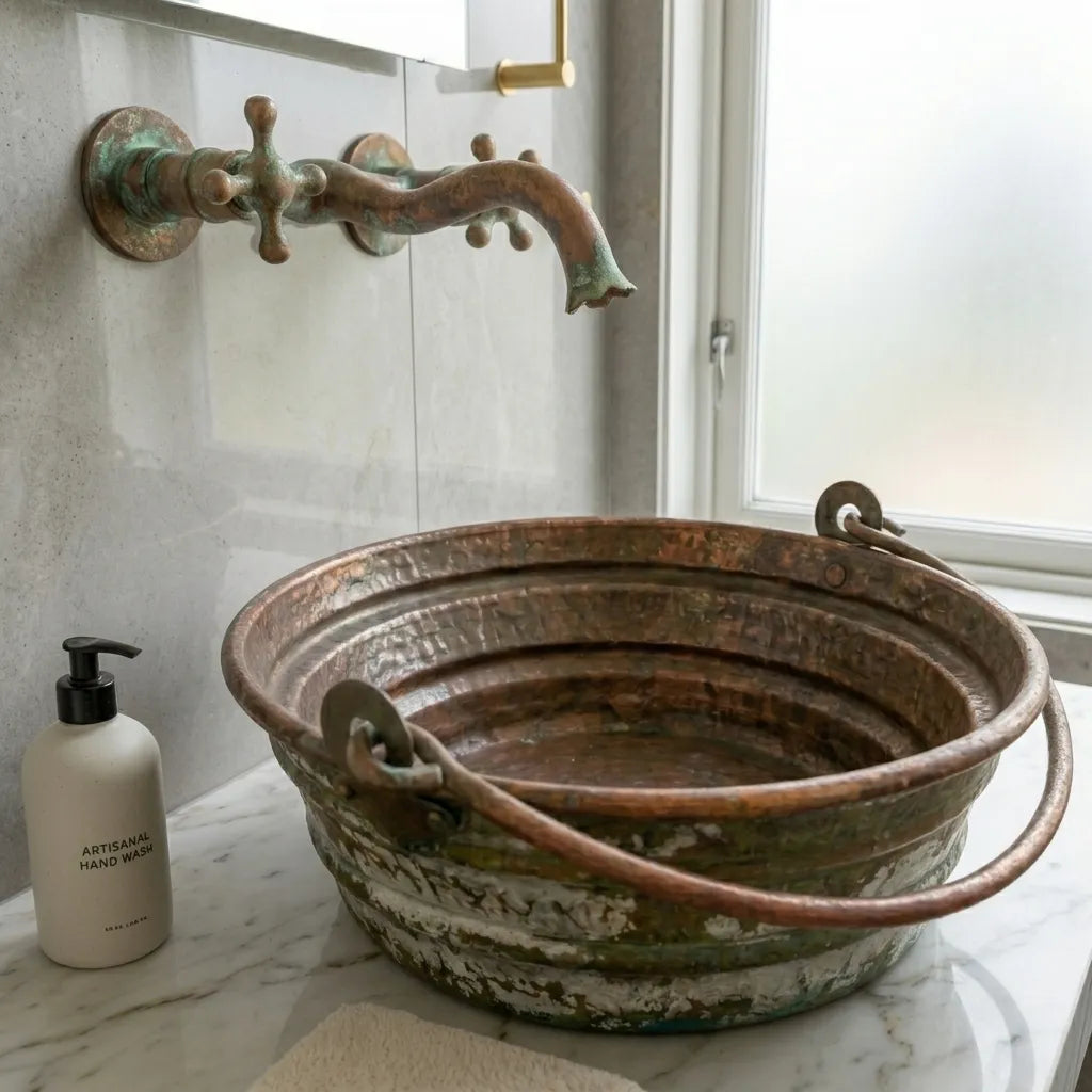 Rustic Green Patina Copper Vessel Sink with Handles