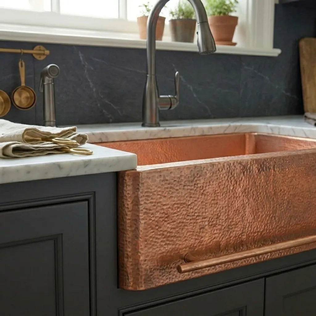 Copper Farmhouse Kitchen Sink with Front Towel Bar