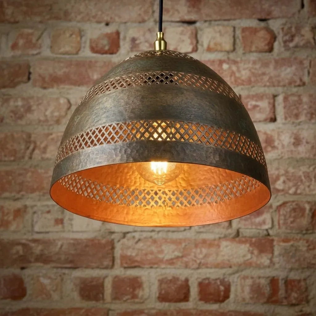 Handmade Hammered Copper Dome Pendant Light with Cutout Shade
