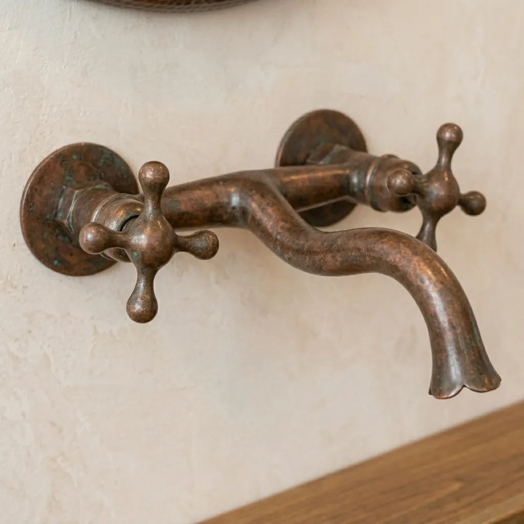 Aged Copper Wall Faucet – Vintage Cross Handle Sink Tap