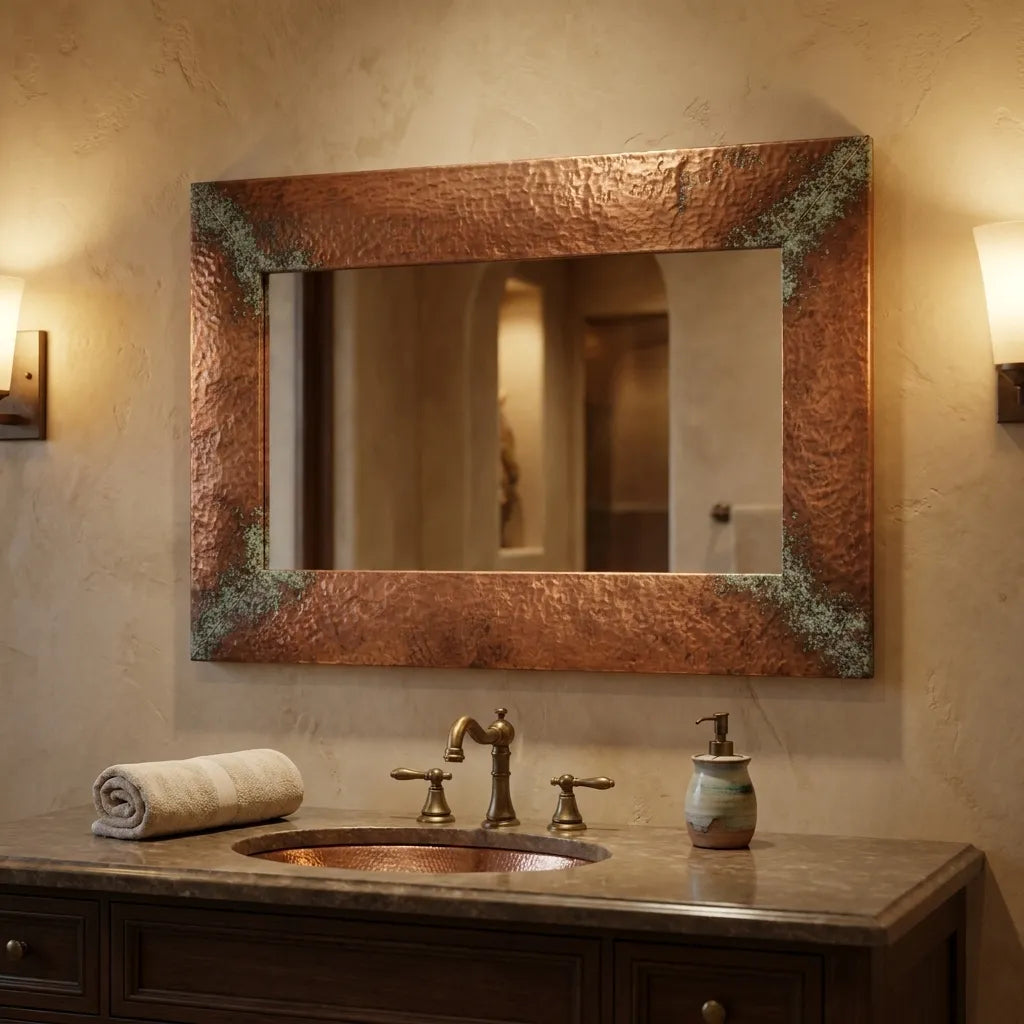 Hammered Copper Wall Mirror – Rustic Patina Vanity Frame