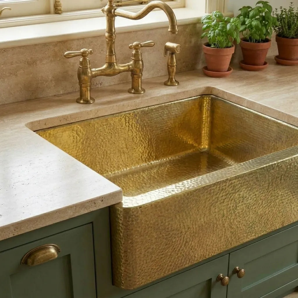 Handmade Hammered Brass Farmhouse Kitchen Sink with Apron Front