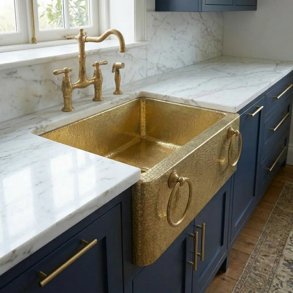 Handmade Hammered Brass Apron Front Farmhouse Kitchen Sink with Ring Handles