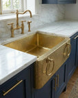 Handmade Hammered Brass Apron Front Farmhouse Kitchen Sink with Ring Handles