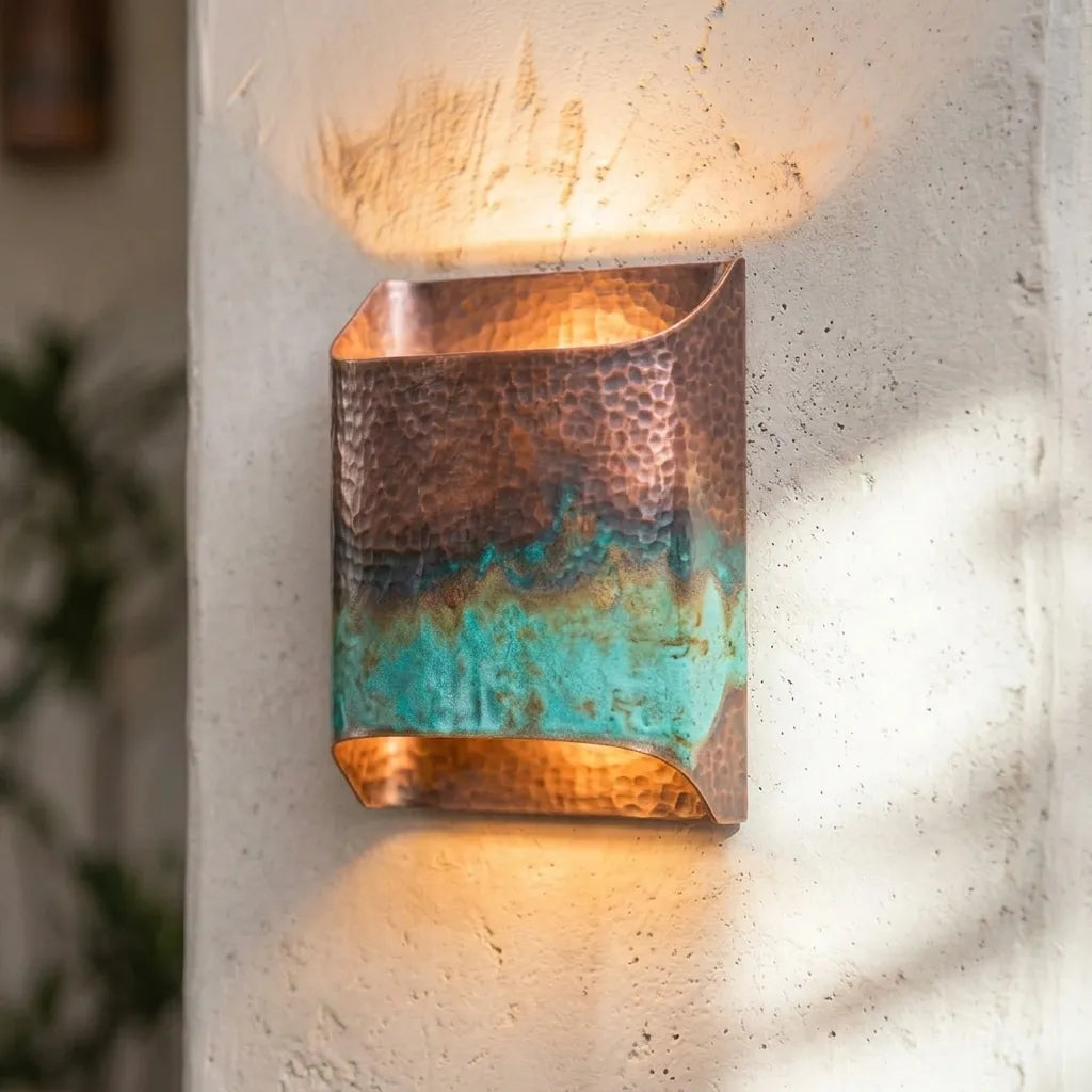 Hand Hammered Copper Wall Sconce with Verdigris Patina