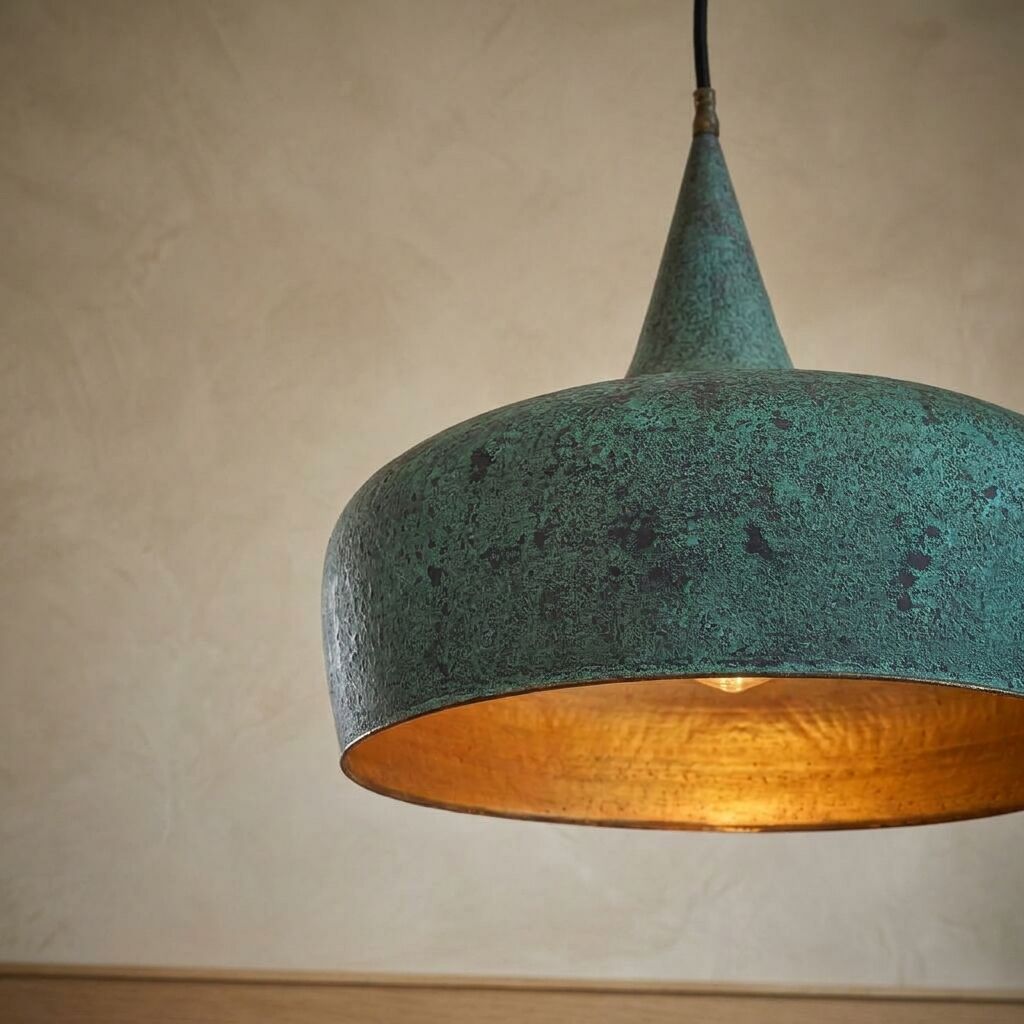 Handmade Verdigris Copper Pendant Light – Oxidized Dome Ceiling Lamp