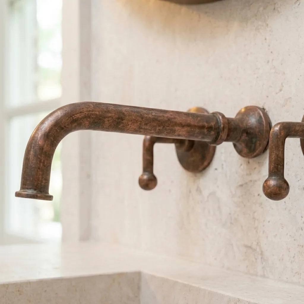 Handmade Aged Copper Wall Mount Bathroom Faucet with Lever Handles