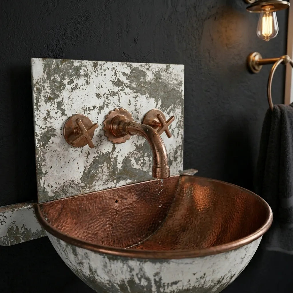 Rustic Wall Mount Copper Bathroom Sink with Hammered Basin