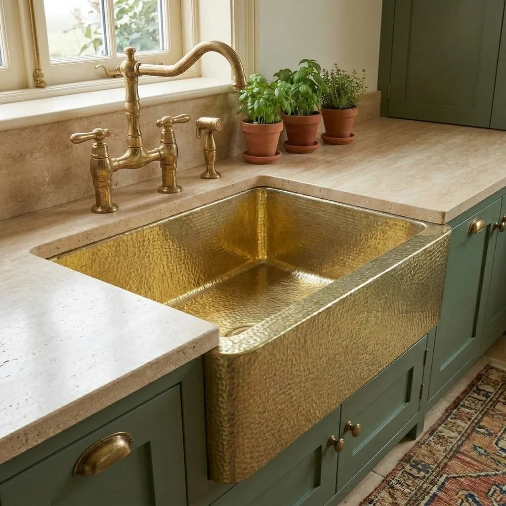 Handmade Hammered Brass Farmhouse Kitchen Sink with Apron Front