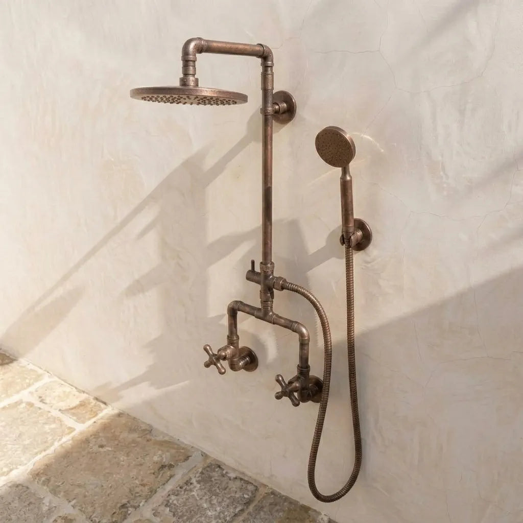 Vintage Copper Exposed Shower Set with Rain Head &amp; Handset