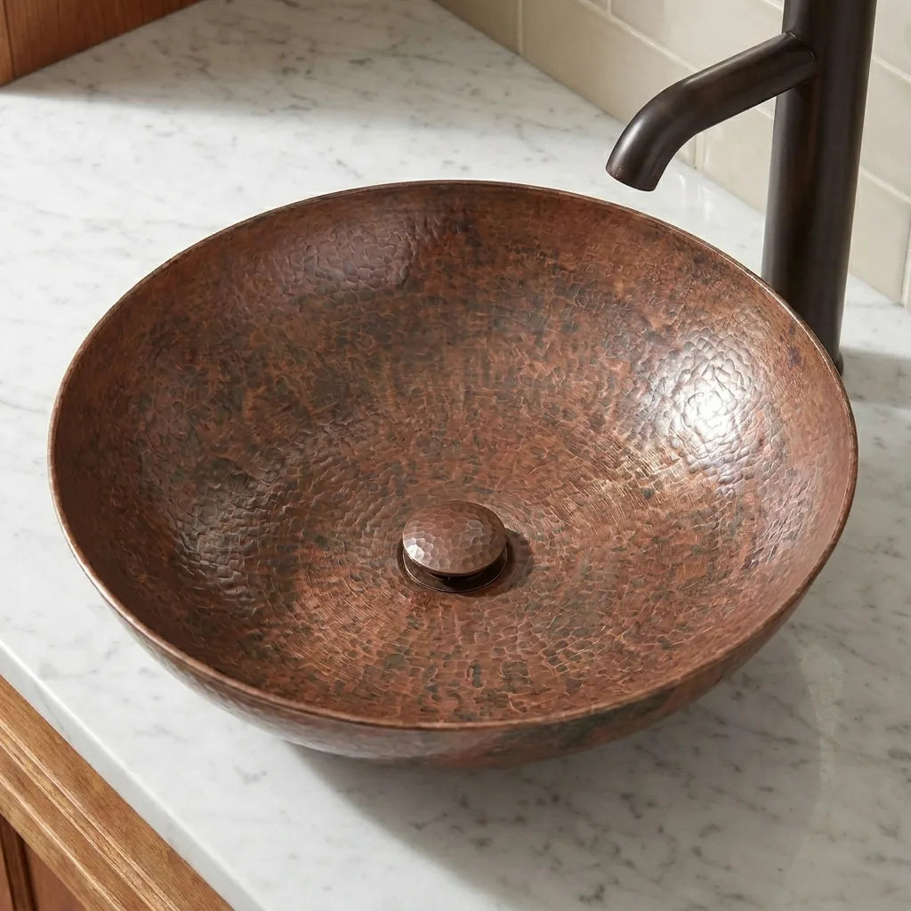 Handmade Hammered Copper Vessel Sink for Rustic Bathroom Vanity