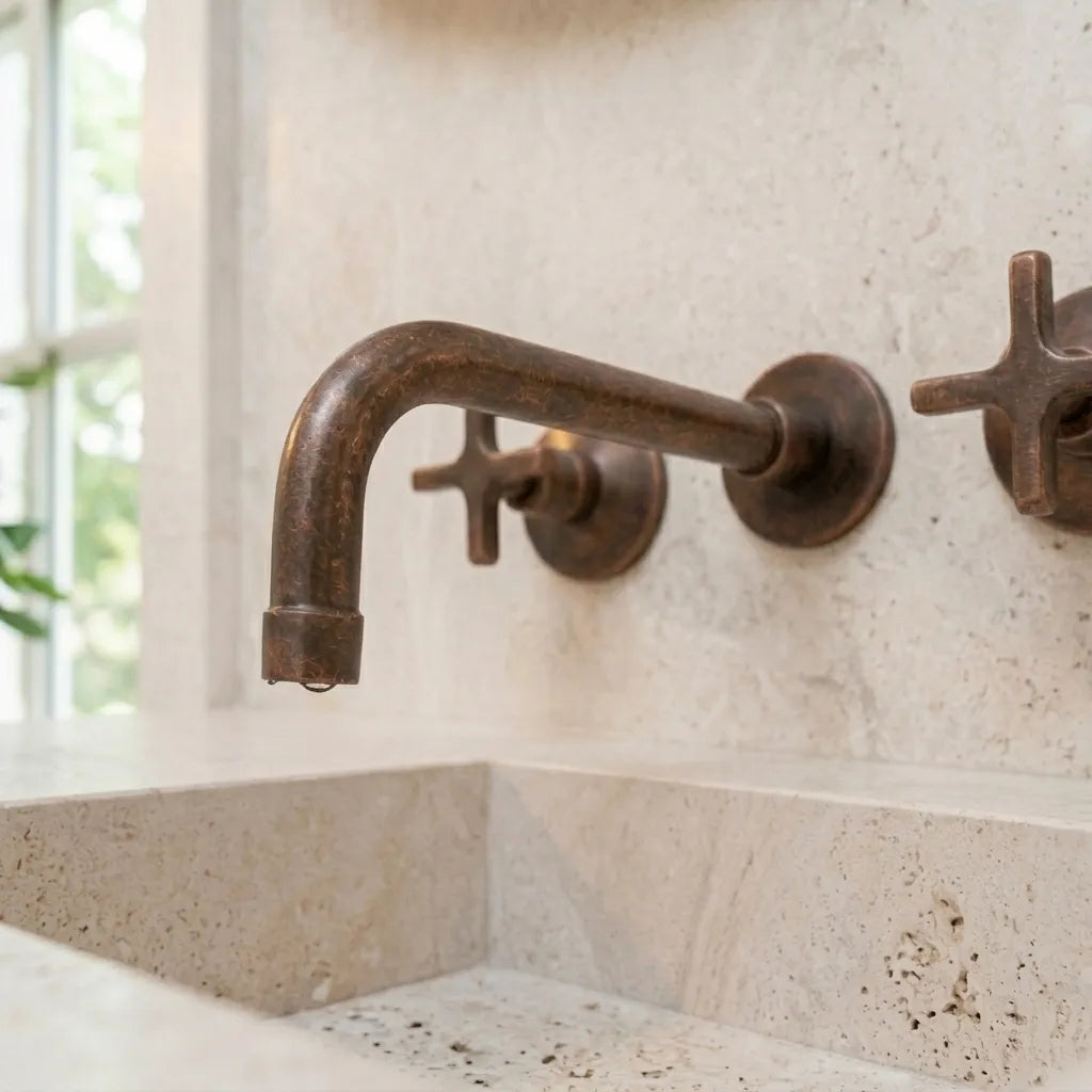 Wall Mount Aged Copper Bathroom Faucet with Cross Handles
