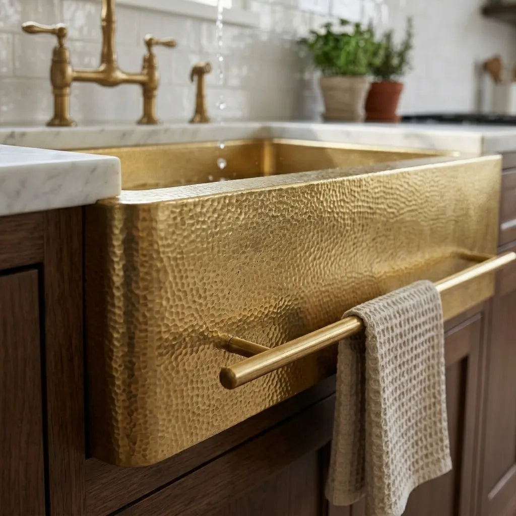 Handmade Hammered Brass Apron Front Kitchen Sink with Towel Bar