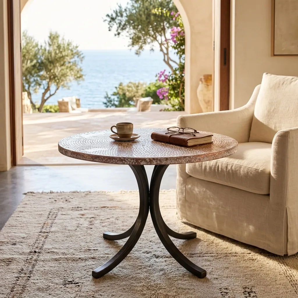 Round White Patina Copper Coffee Table
