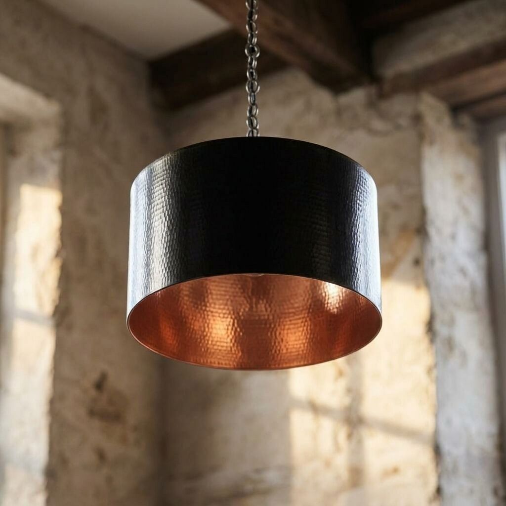 Black Hammered Drum Pendant Light – Rustic Copper Interior Ceiling Lamp
