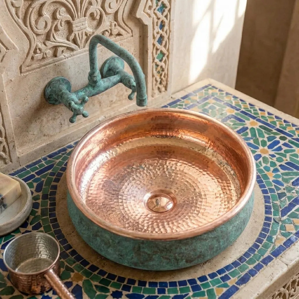 Verdigris Copper Vessel Sink – Round Moroccan Bathroom Basin