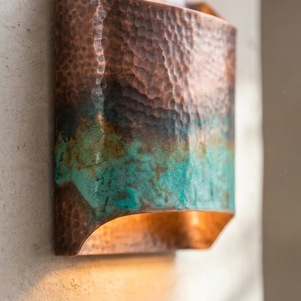 Hand Hammered Copper Wall Sconce with Verdigris Patina