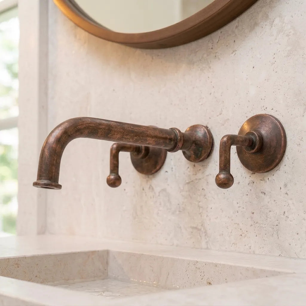 Handmade Aged Copper Wall Mount Bathroom Faucet with Lever Handles