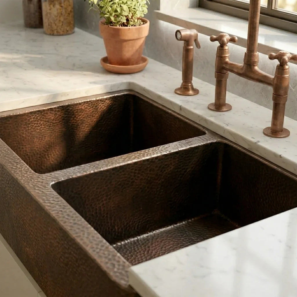 Hammered Copper Double Bowl Farmhouse Apron Kitchen Sink