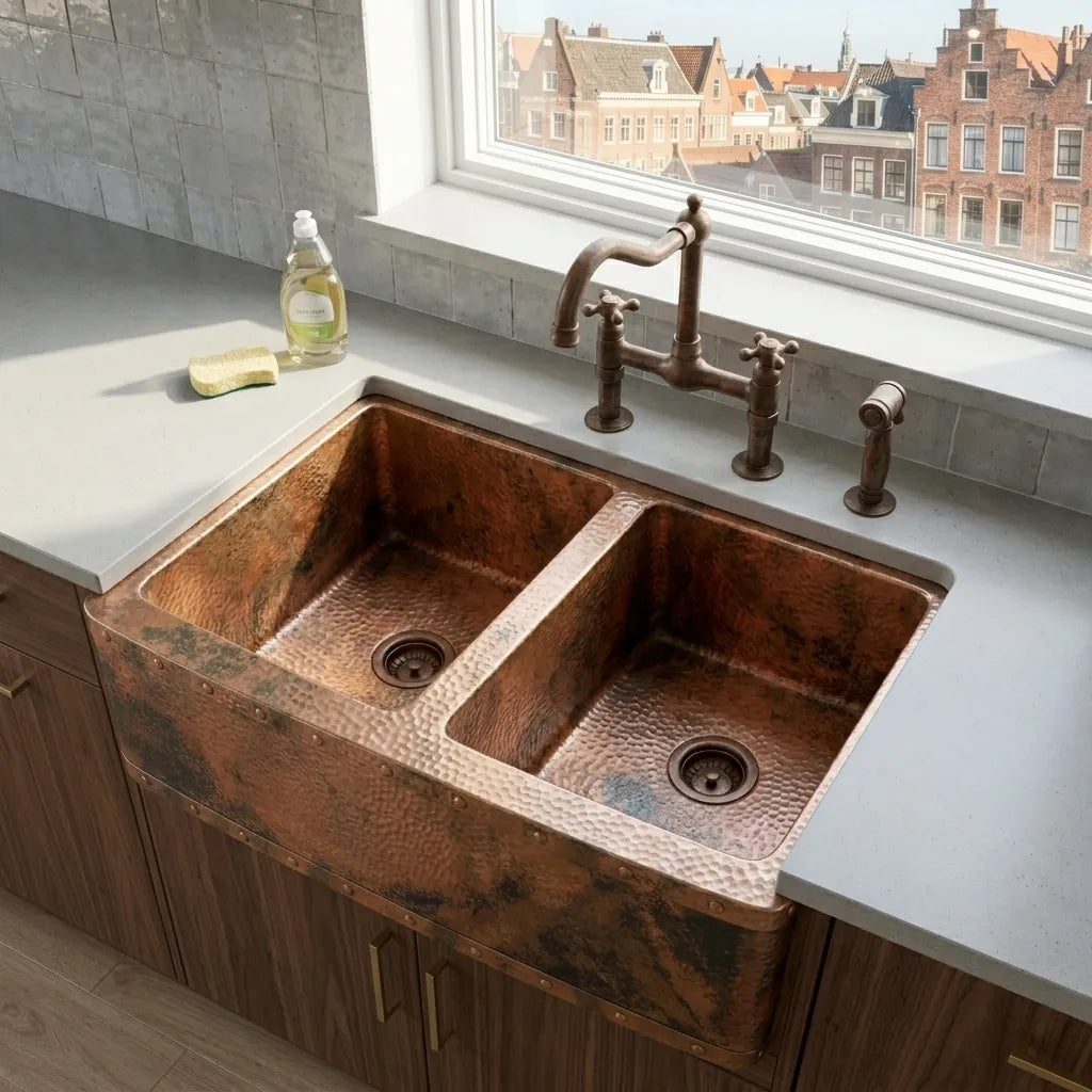 Double Bowl Hammered Copper Farmhouse Sink with Riveted Apron
