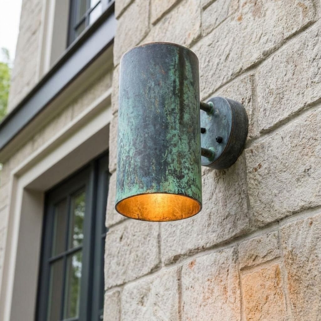 Handcrafted Verdigris Copper Outdoor Wall Sconce – Rustic Cylinder Light
