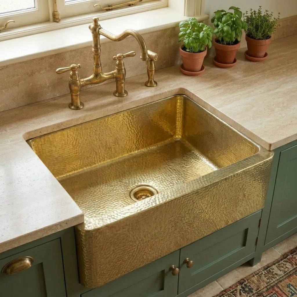 Handmade Hammered Brass Farmhouse Kitchen Sink with Apron Front