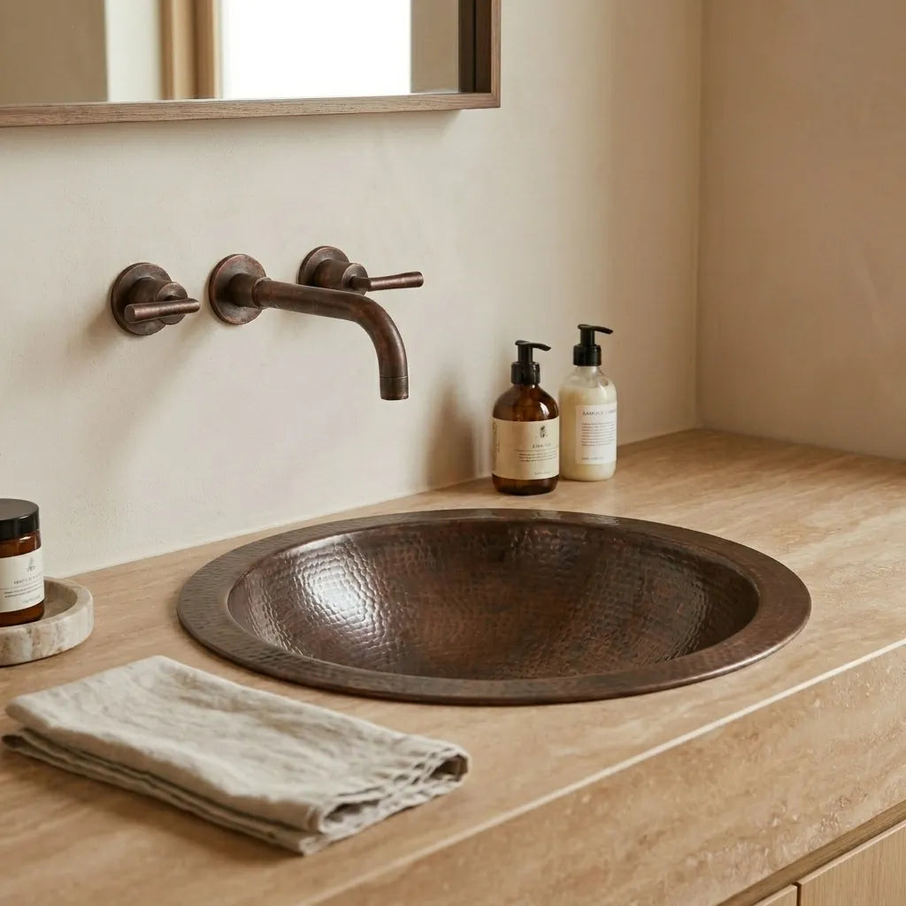 Copper Bathroom Sink Hammered Drop-In Basin – Round Vanity Sink