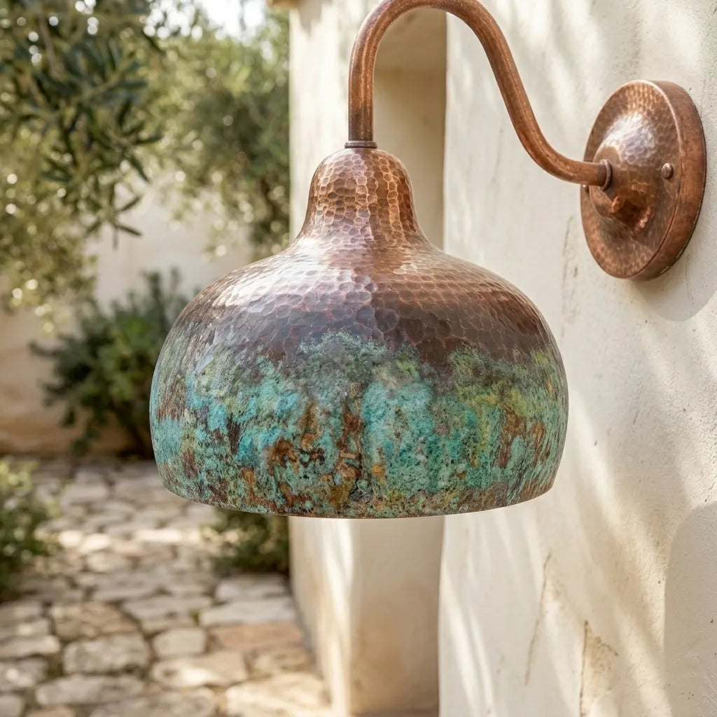 Verdigris Copper Gooseneck Wall Light – Hammered Dome Sconce